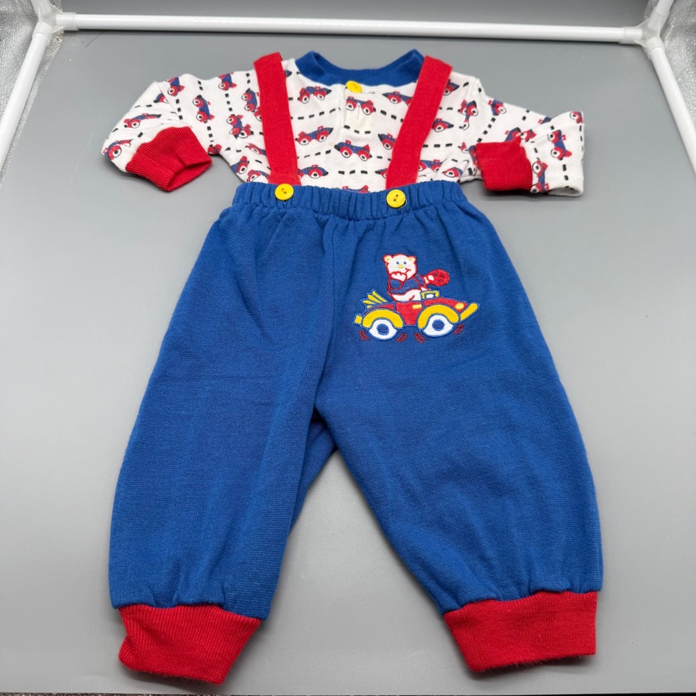 Vintage Lightning Bug Baby Boy Race Car Suspender Set 6-9 Months Blue Red 90s